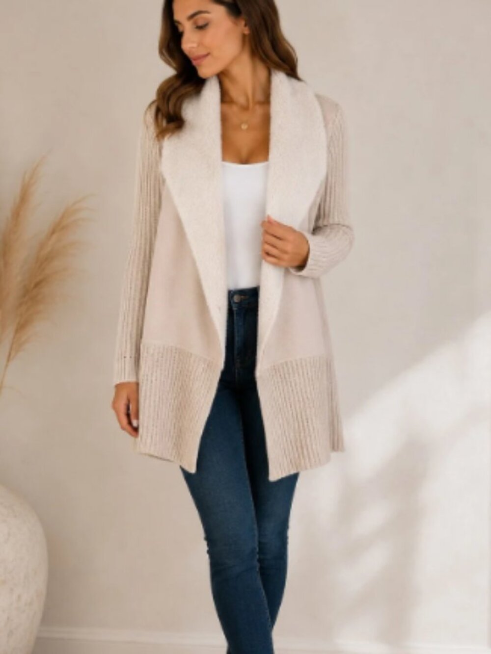 New Philosophy Faux Fur Collar Long Cardigan Sweater XL Cream Ivory